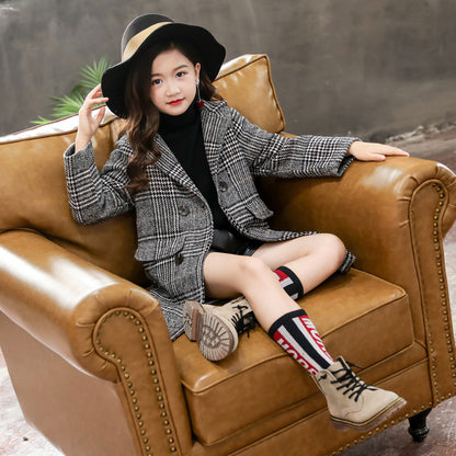 The Houndstooth Chic: Gray Plaid Houndstooth Girls’ Coat