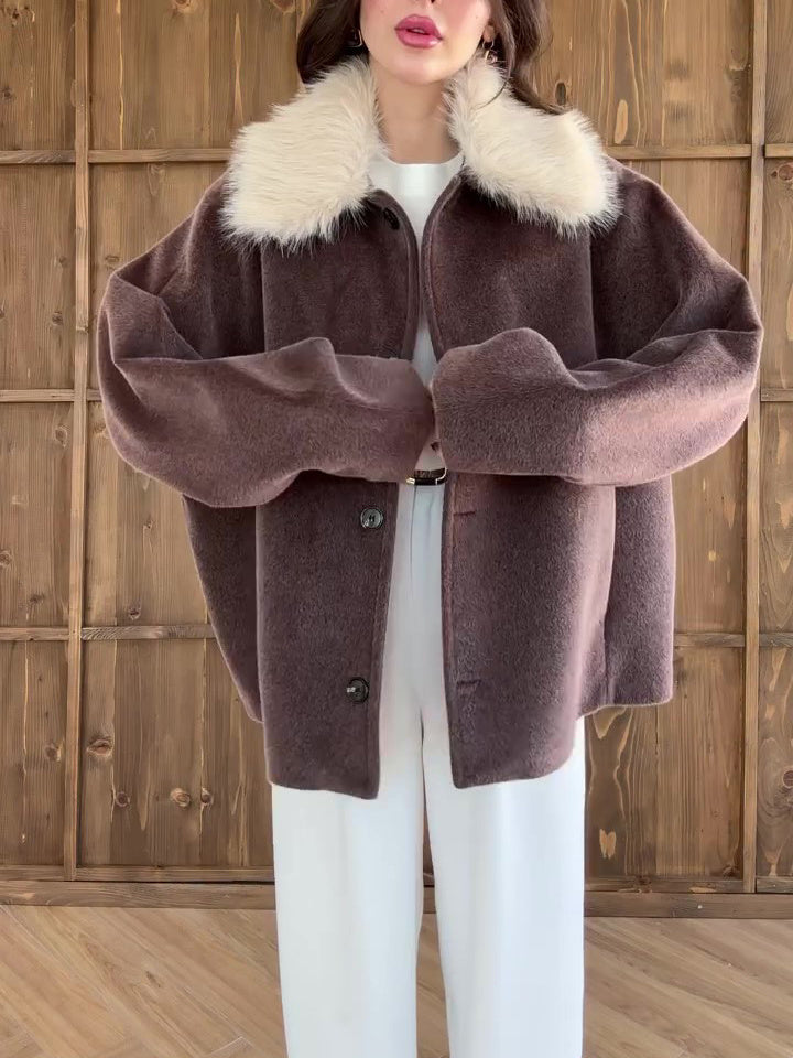 Brown Oversized Coat With White Faux Fur Collar