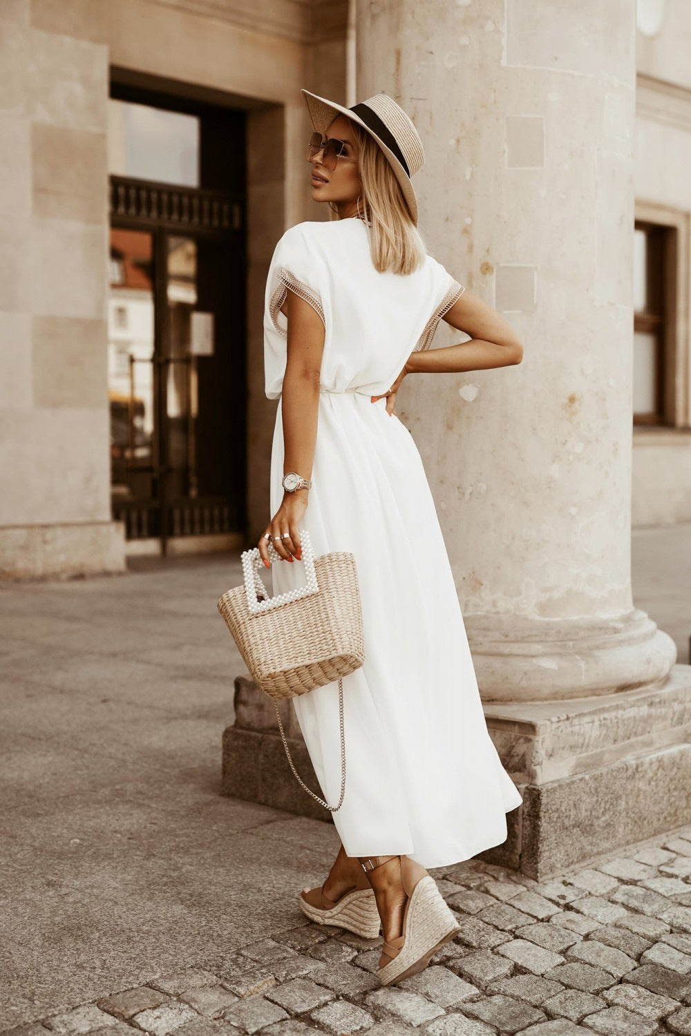 Ladies Fashion Lace Short Sleeve Long Dress