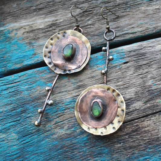 Retro Creative Asymmetric Bronze Special-interest Design Inlaid Gemstone Earrings