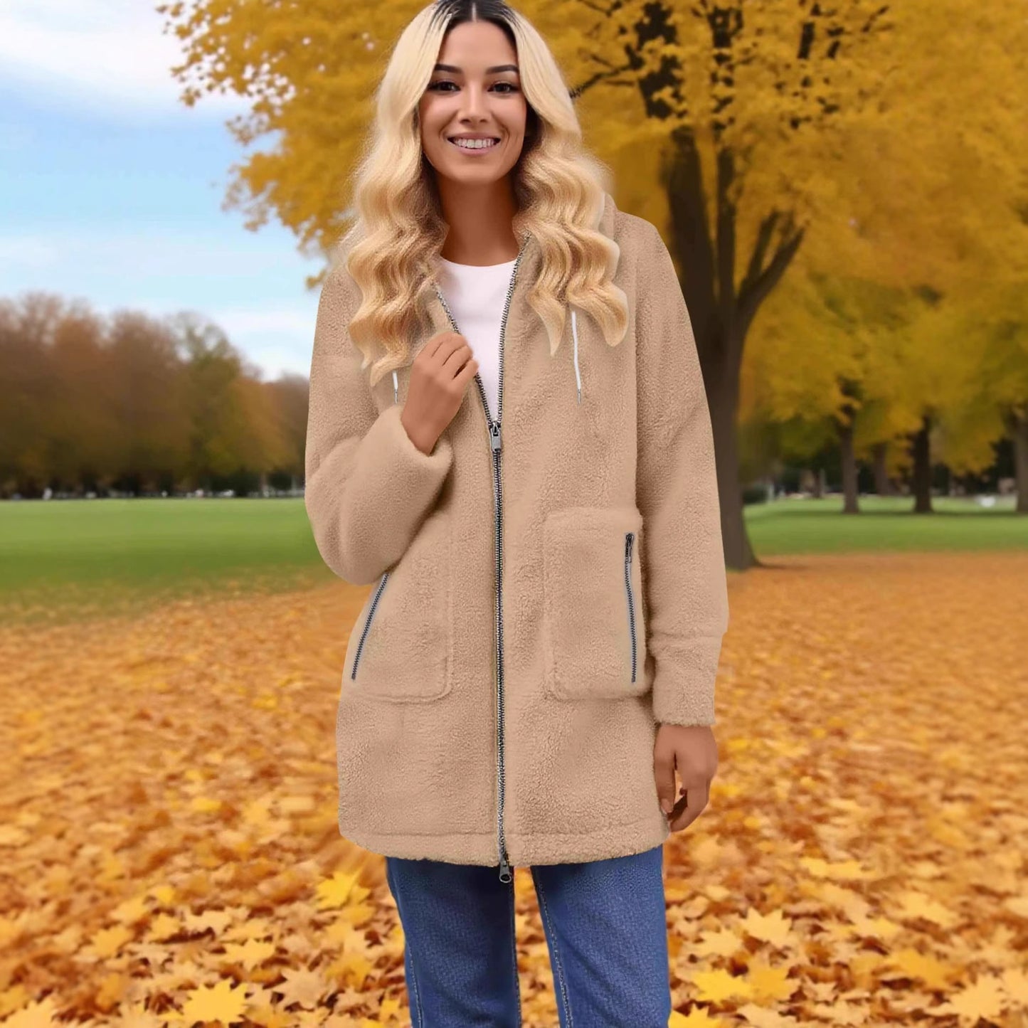 Fashion Autumn And Winter Zipper Pocket Lamb Wool Coat