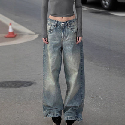 Autumn Winter Retro Distressed Dirty Pants High Waist Straight Loose Wide Leg Jeans