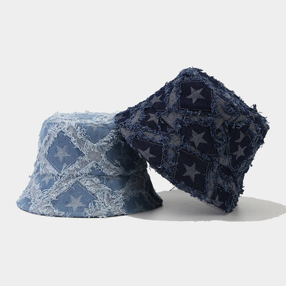 Autumn New Five-pointed Star Raw Edge Denim Bucket Hat