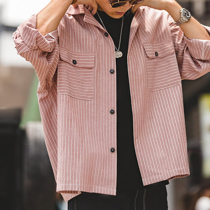 Vintage Goose Yellow Striped Cuban Collar Shirt Long Sleeve Top Men