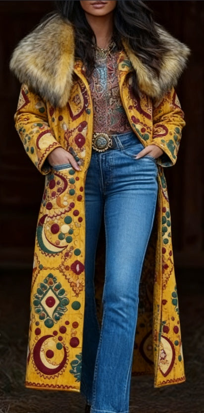 Fashion Retro Women's Coat, Warm Printed Long Coat