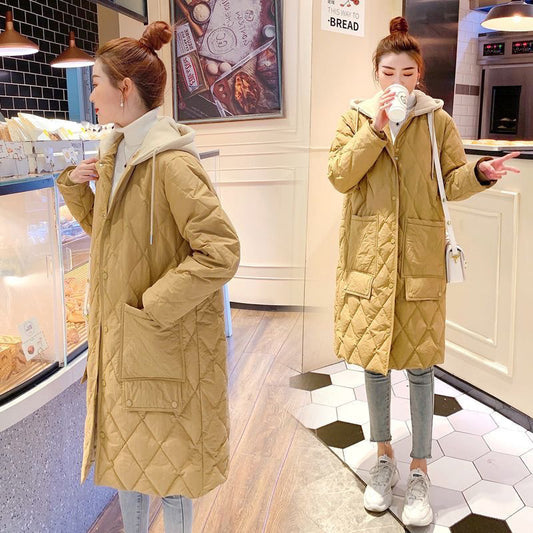 All-matching Cotton-padded Women's Over-the-knee Rhombus Plaid Loose Plus Size Hooded Jacket