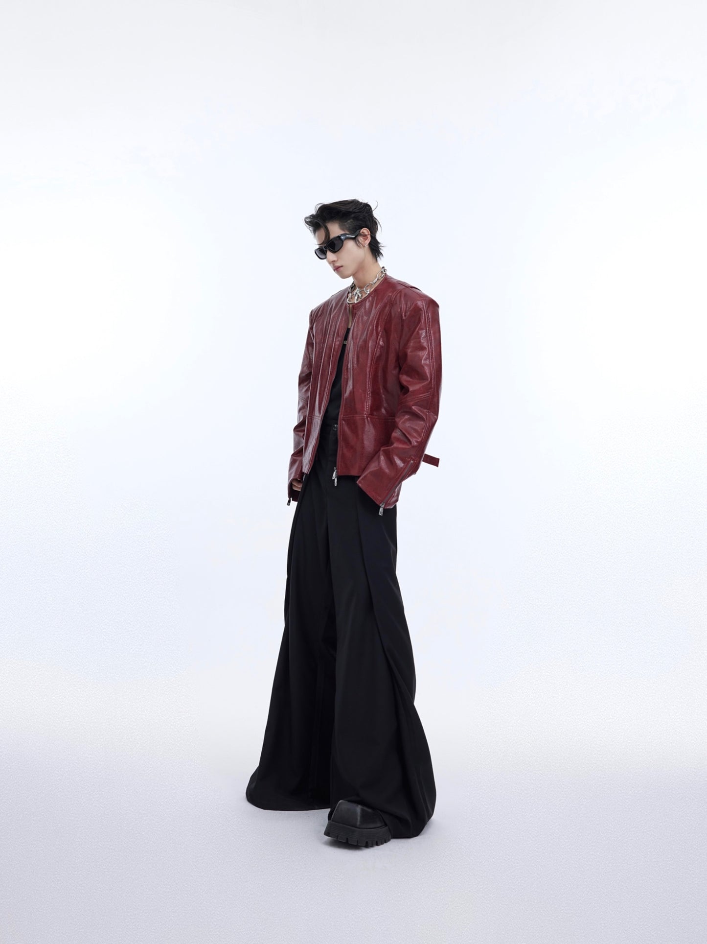 Texture Sense Padded Shoulder Leather Coat Men Sculpted Silhouette