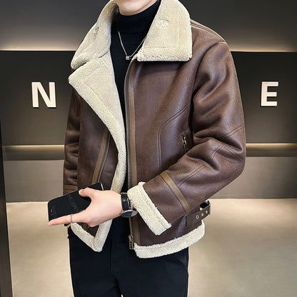 Fur Integrated Motorcycle Jacket Mens Fleece-Lined Thickened Leather Opulent Protection