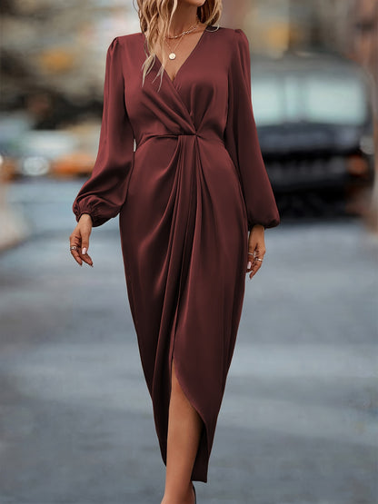 Elegant Crossover Neckline Ruched Dress With Slit, Puff Sleeves, And Asymmetrical Long Sleeves