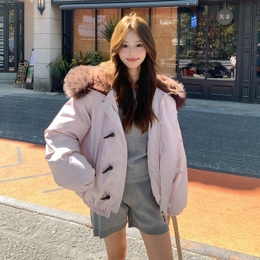Big Fur Collar Hooded Horn Button Cotton-padded Jacket Women's Casual Loose