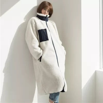 Stand Collar Color Matching Lambswool Two-sided Zipper Coat