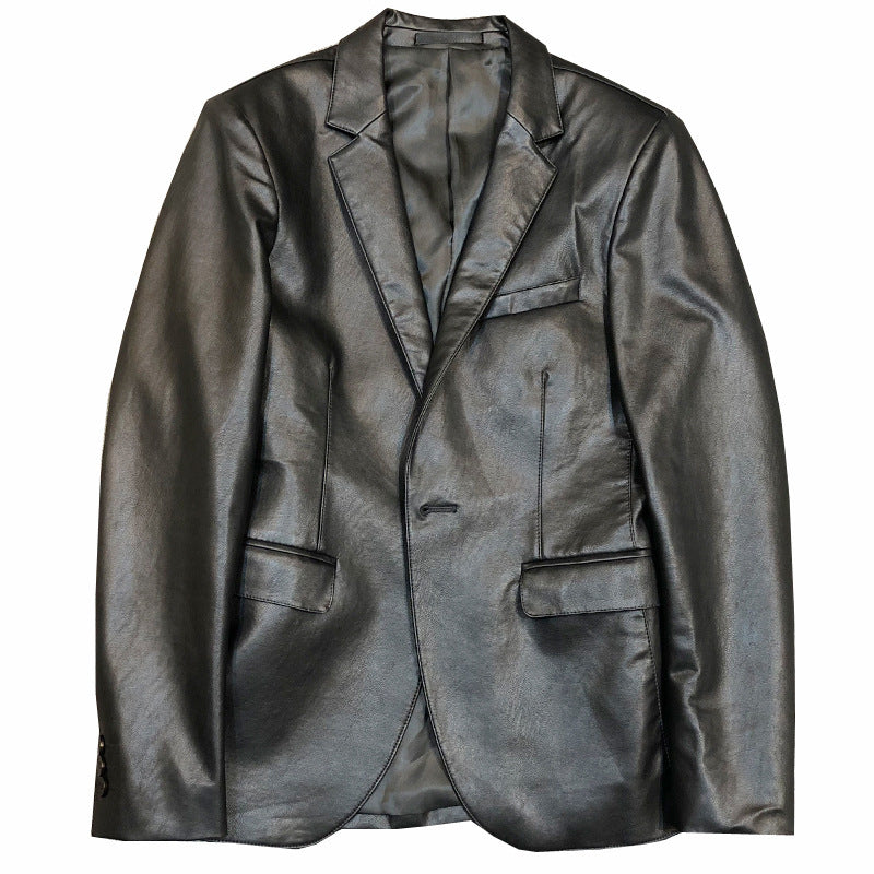 New Polo Collar Solid Color Leather Jacket Korean Slim PU Men Refined Monochrome