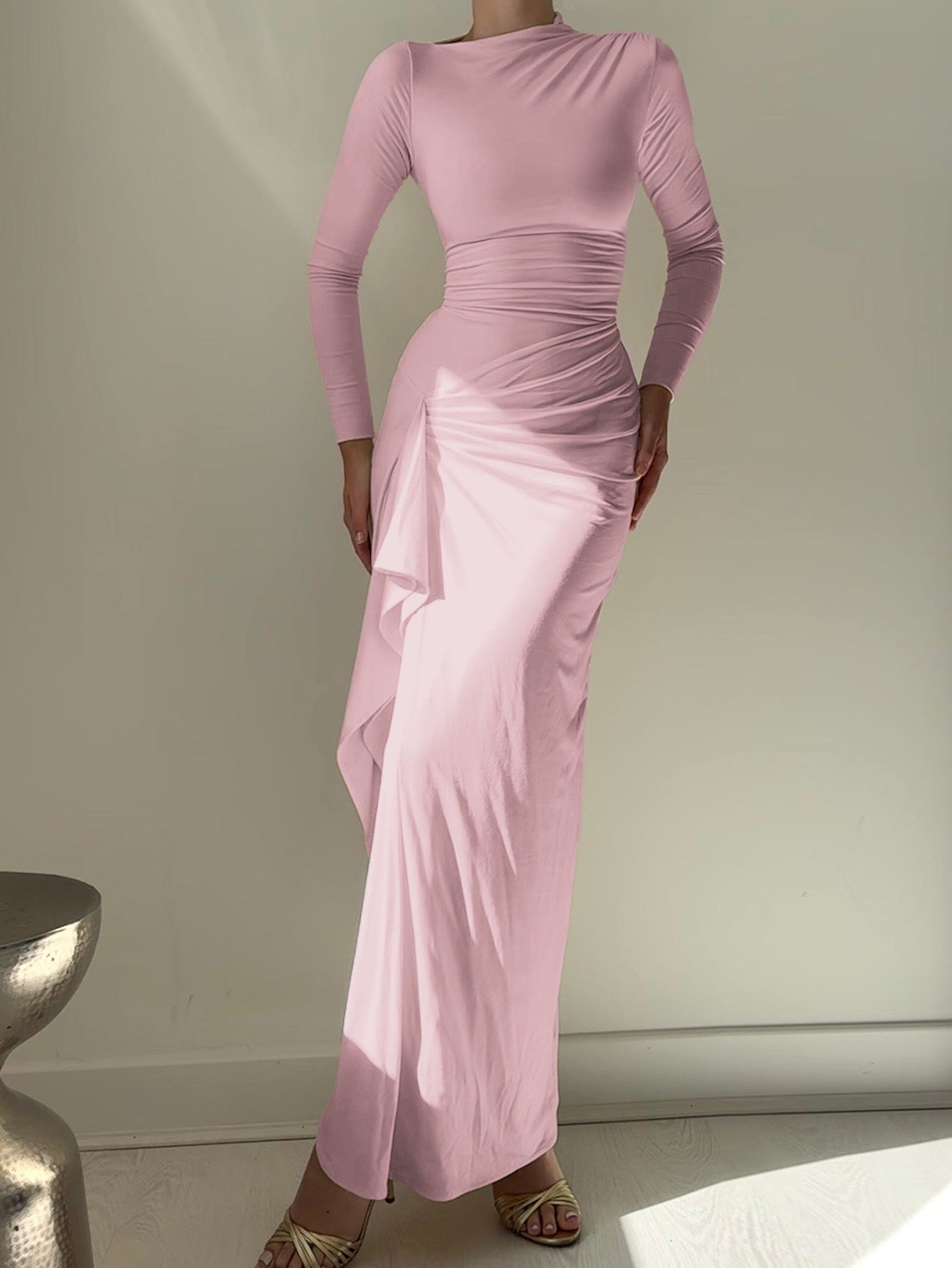 Fashionable Solid Color Round-neck Slim-fit Dress With An Irregular Slit