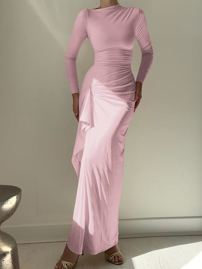 Fashionable Solid Color Round-neck Slim-fit Dress With An Irregular Slit