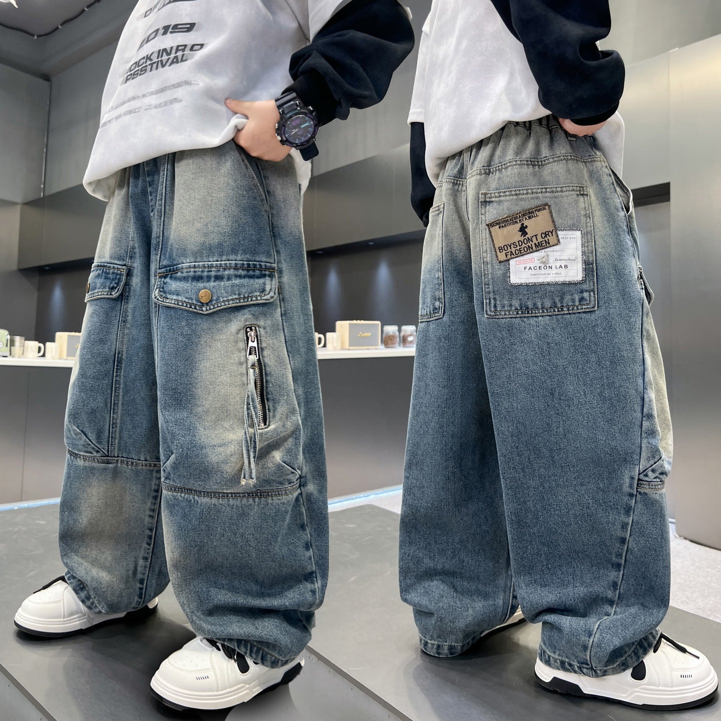 Simple Versatile Boys Pants Loose Cargo Jeans Utility Freedom