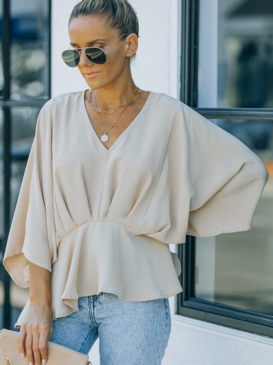 Bat Three-quarter Sleeve Waist Slimming Chiffon Shirt Women's New Solid Color Casual Top