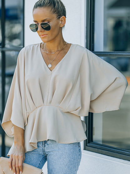 Bat Three-quarter Sleeve Waist Slimming Chiffon Shirt Women's New Solid Color Casual Top