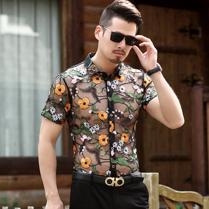 Ice Silk Hollow Breathable Floral Short Sleeve Shirt