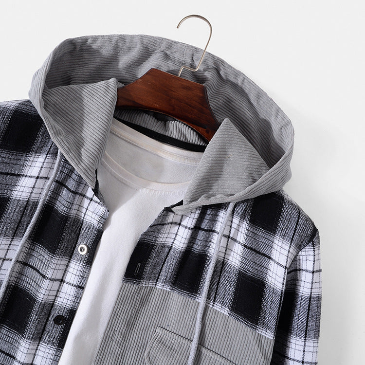 Casual Men's Jacket Plaid Hooded Long Sleeve
