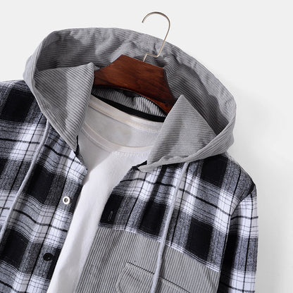 Casual Men's Jacket Plaid Hooded Long Sleeve