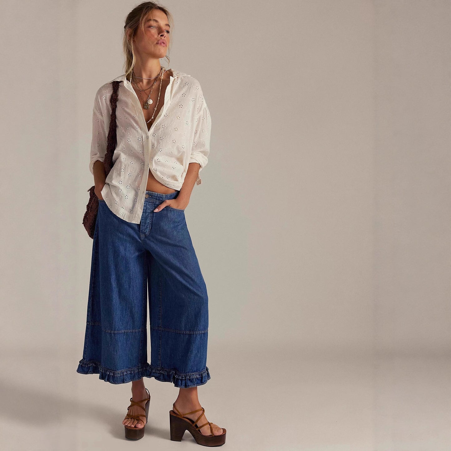 New Women's Wide-leg Cropped Lace Jeans