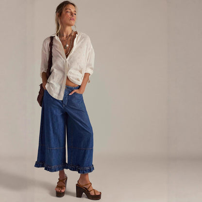 New Women's Wide-leg Cropped Lace Jeans