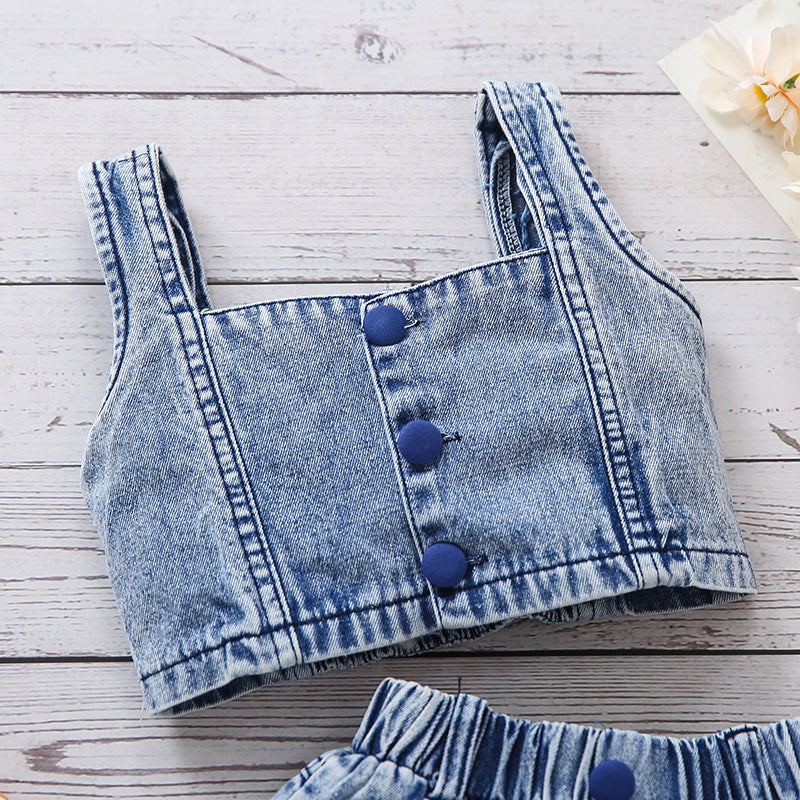 Girls' Denim Camisole Watermelon Shorts Suit