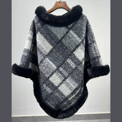 Big Fur Collar Cloak Mid-length Batwing Sleeve Pullover Classic Plaid Shawl
