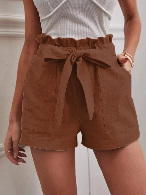 Loose Cotton And Linen Casual Pocket High Waist Wide Leg Shorts