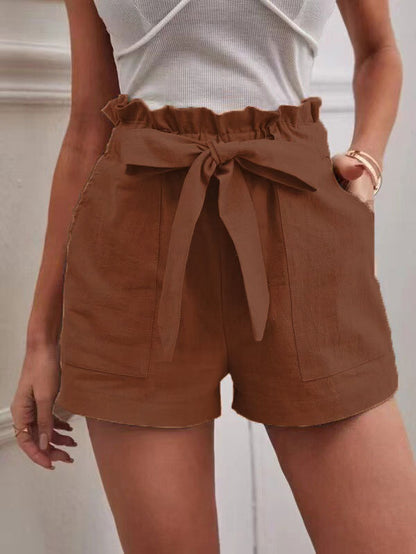 Loose Cotton And Linen Casual Pocket High Waist Wide Leg Shorts