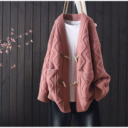 Loose Western Style All-match Horn Button Sweater For Women