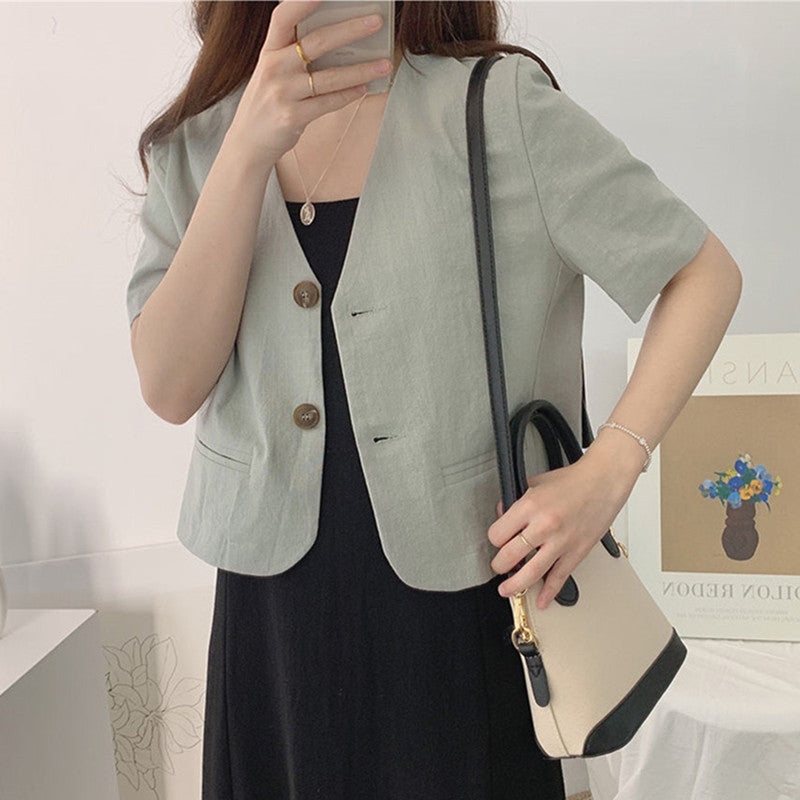 Women's Simple Deep V-neck Cotton Linen Casual Jacket