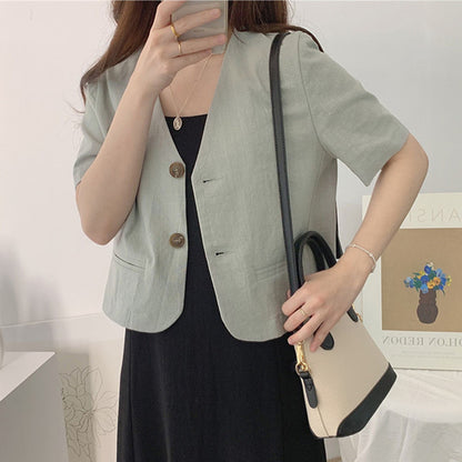 Women's Simple Deep V-neck Cotton Linen Casual Jacket