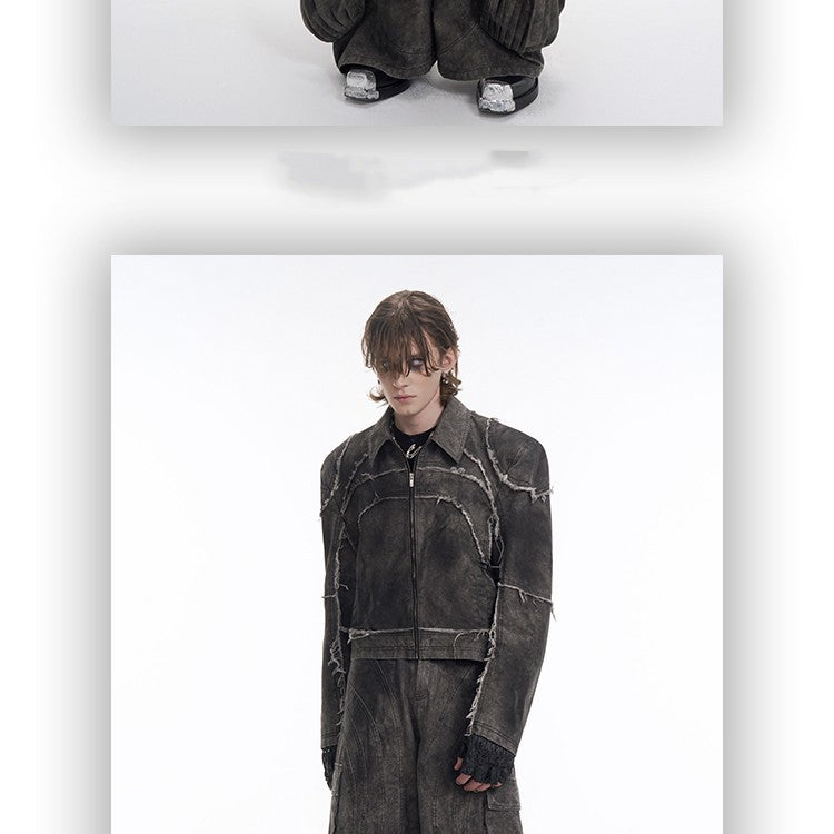 Short Gray Padded Shoulder Denim Coat Sculpted Neutral Edge