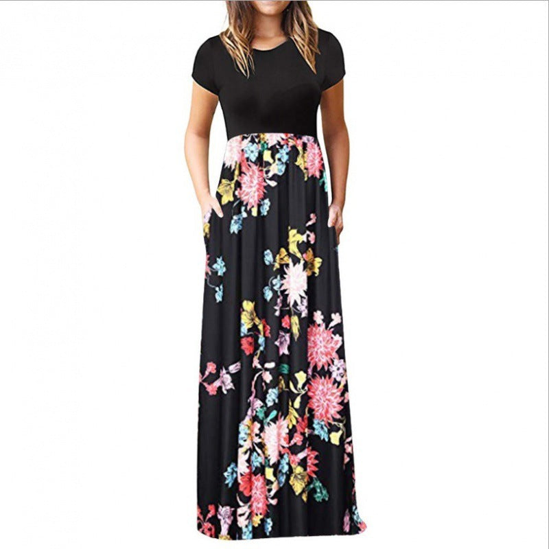 Ladies Short Sleeve Printed Dress Long Skirt