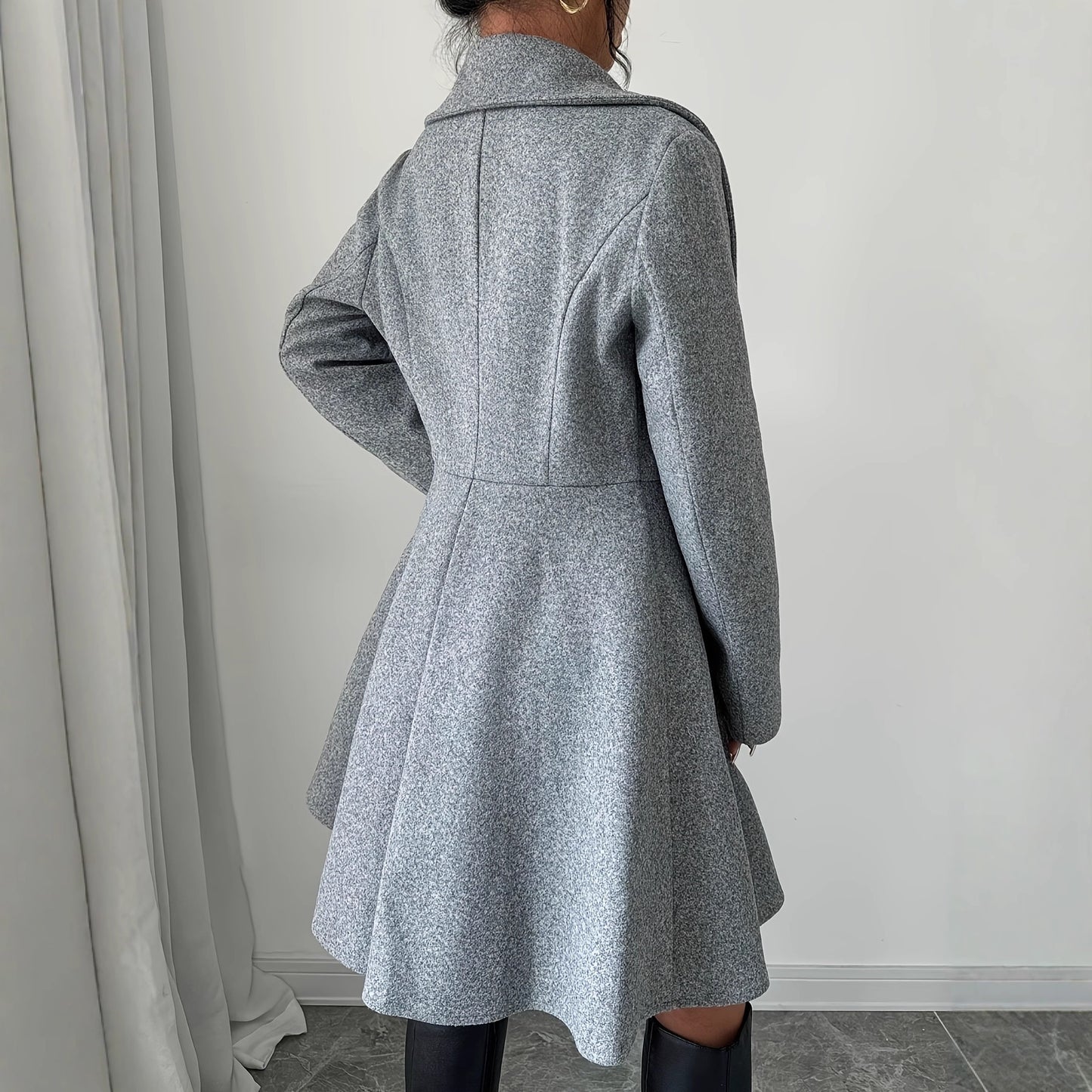 Wool Coat With A Cinched Waist Dress Design, Elegant Long Sleeves