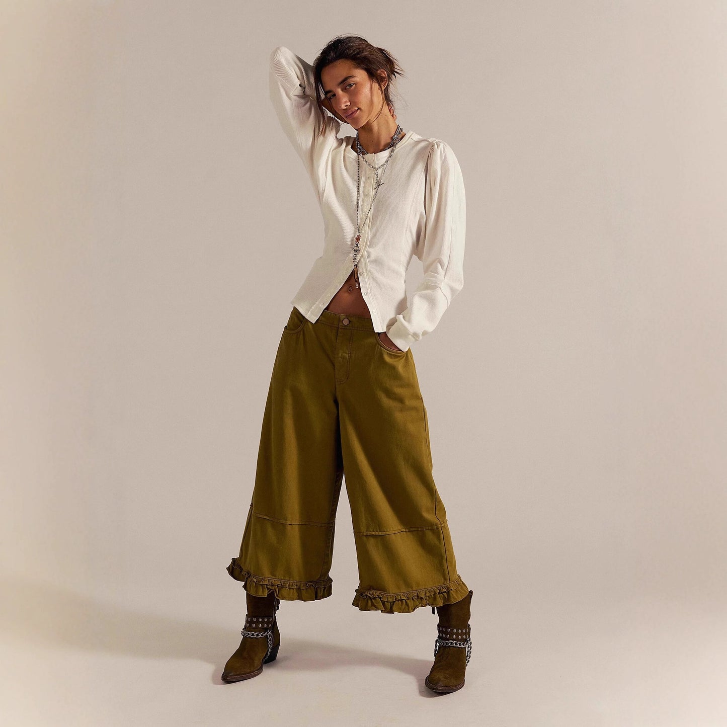 New Women's Wide-leg Cropped Lace Jeans