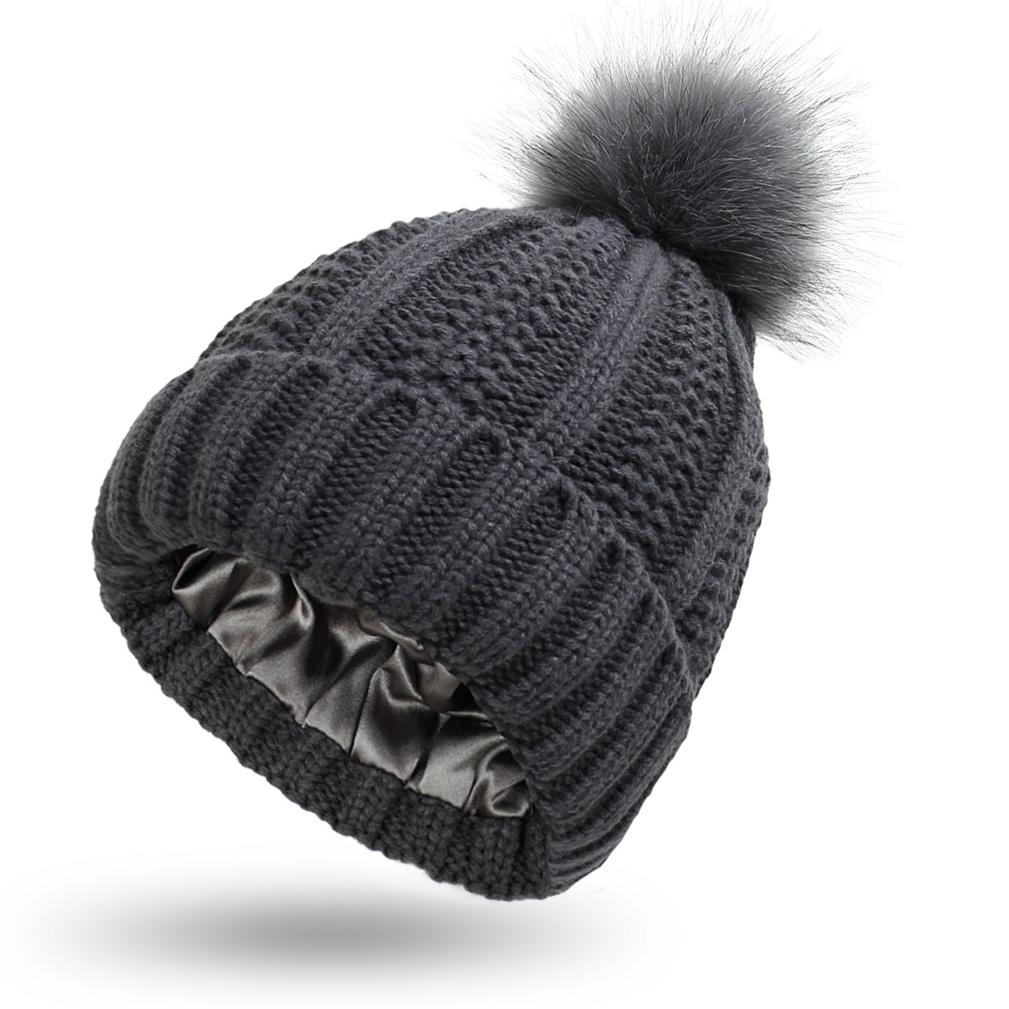 Faux Fur Pom-Pom Beanie Hat | Women's Fleece-Lined Stretchy Knit Winter Skull Cap