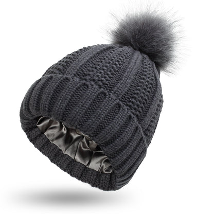 Faux Fur Pom-Pom Beanie Hat | Women's Fleece-Lined Stretchy Knit Winter Skull Cap