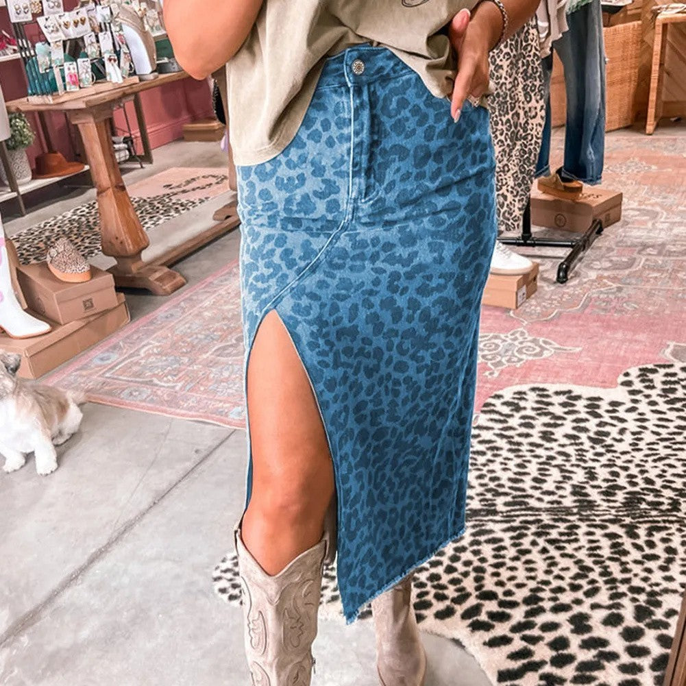 Sky Blue Leopard Denim Frayed Split Denim Midi Skirt