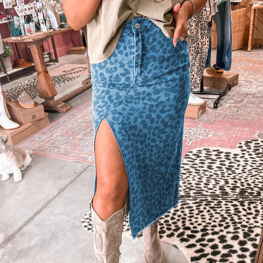 Sky Blue Leopard Denim Frayed Split Denim Midi Skirt