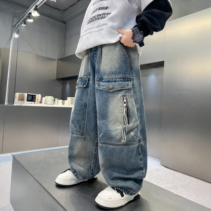 Simple Versatile Boys Pants Loose Cargo Jeans Utility Freedom