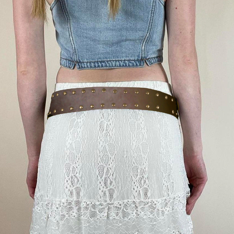 Retro Brown Base Rivet Metal Ring Buckle Personality Belt Punk
