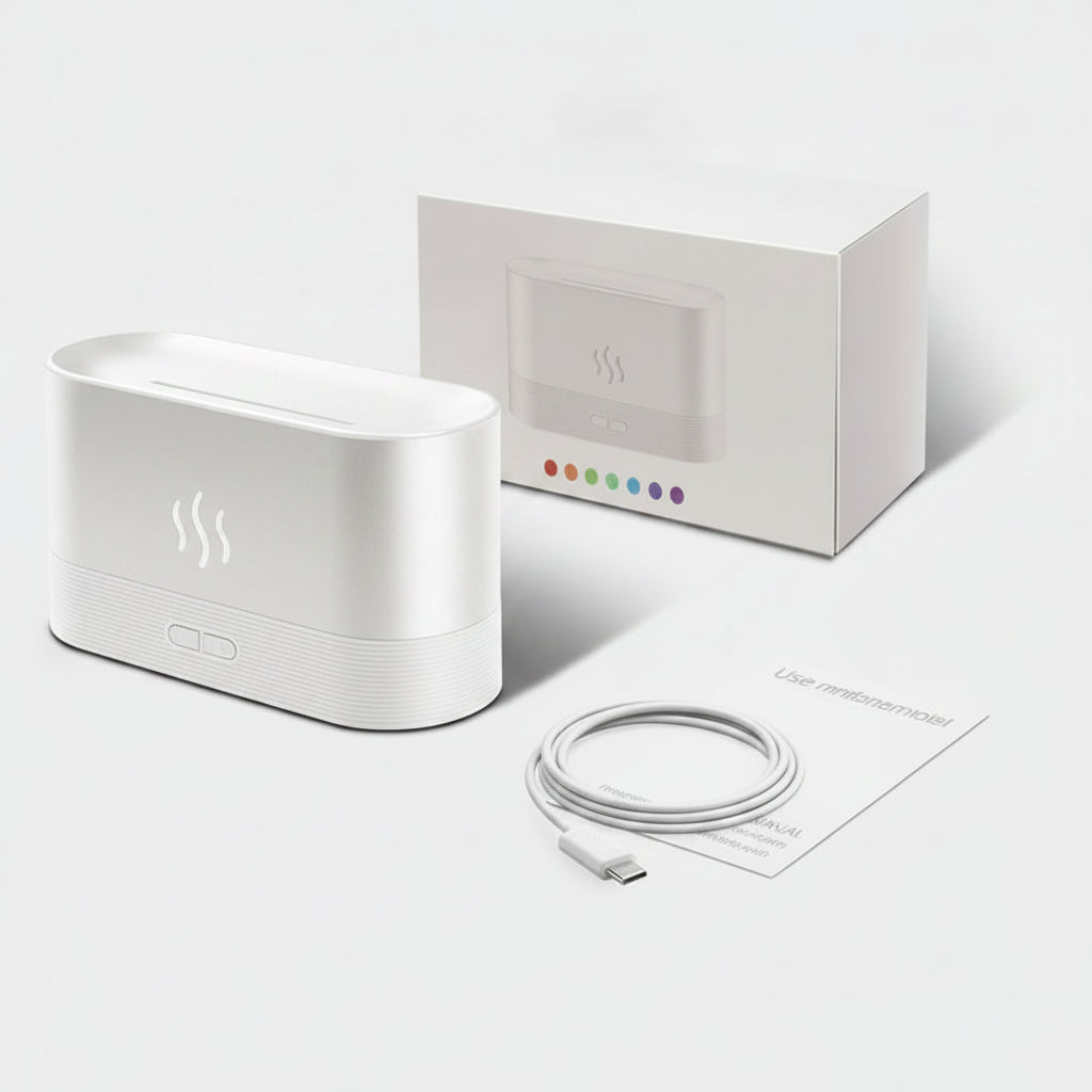 Black Humidifier  with packaging, cable, and manual on a white background