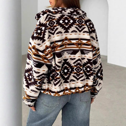 Loose Printed Hooded Plush Coat For Women