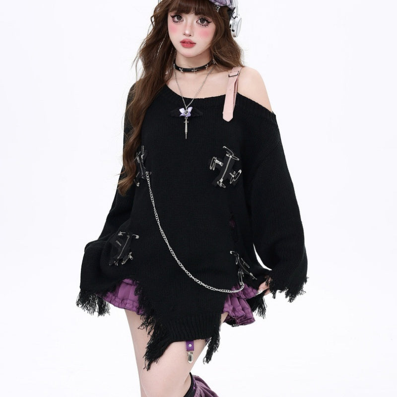 Hot Girl Ripped Tassel Off-the-shoulder Sweater For Women Autumn And Winter Loose