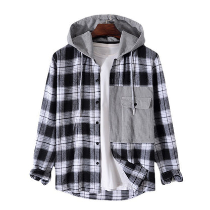 Casual Men's Jacket Plaid Hooded Long Sleeve