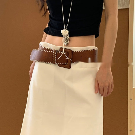 Brown PU Leather Wide Belt Women's Retro Fashion Woven