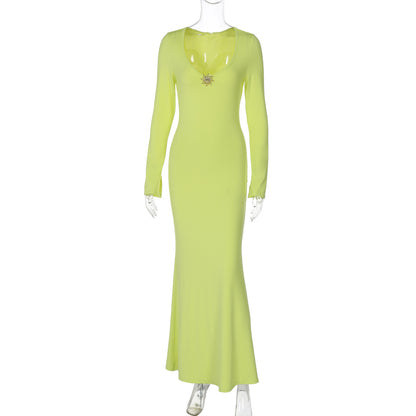 Solid Color High Waist Temperament Long Sleeve Dress