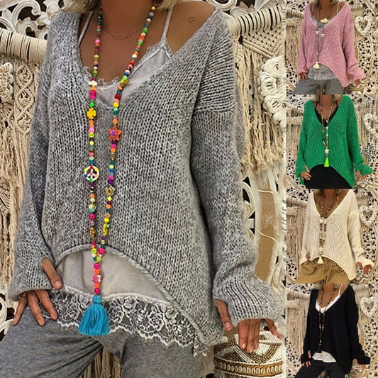 V-neck Loose Knitted Warm Commuter Sweater